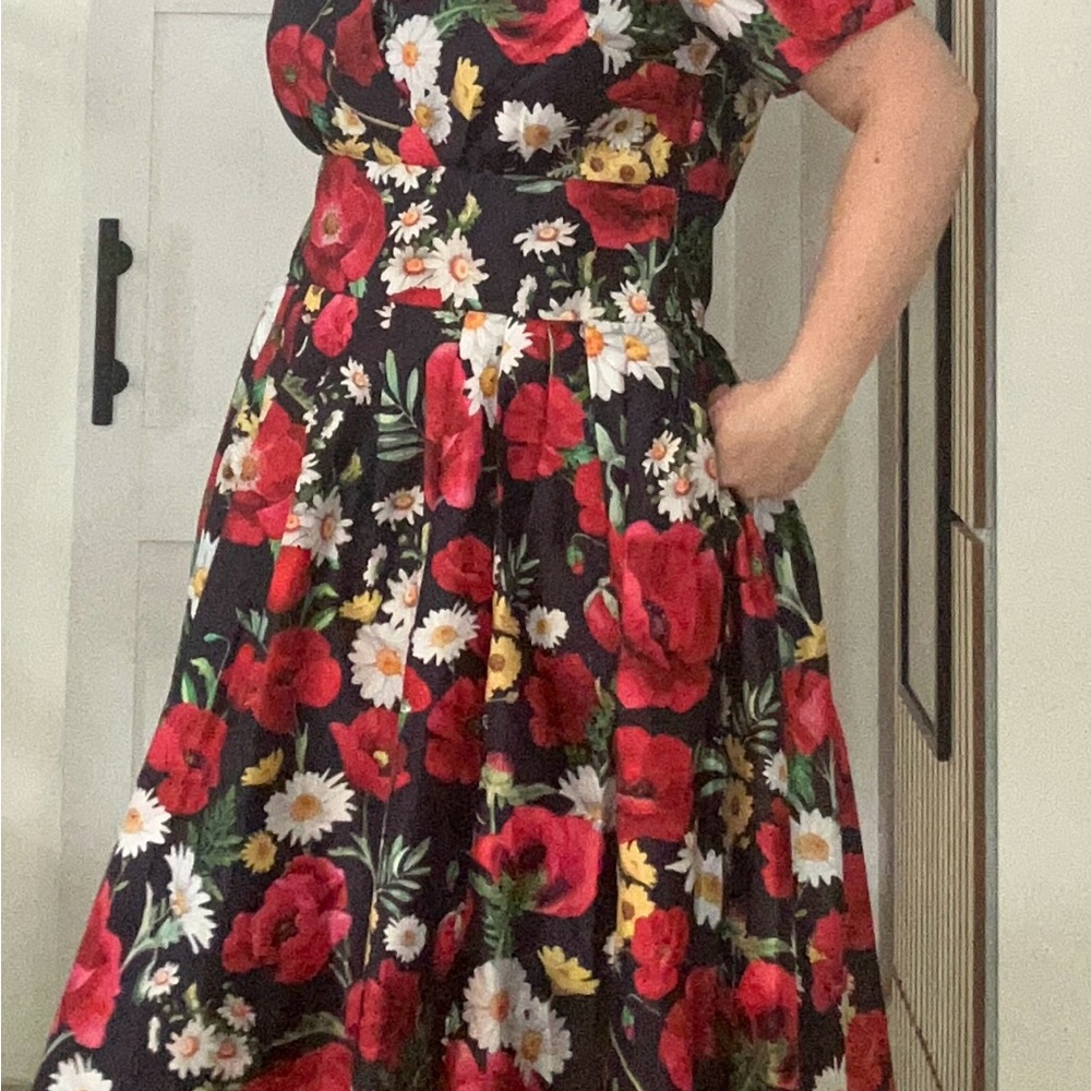 Floral Black Dress with Red and Yellow Accents